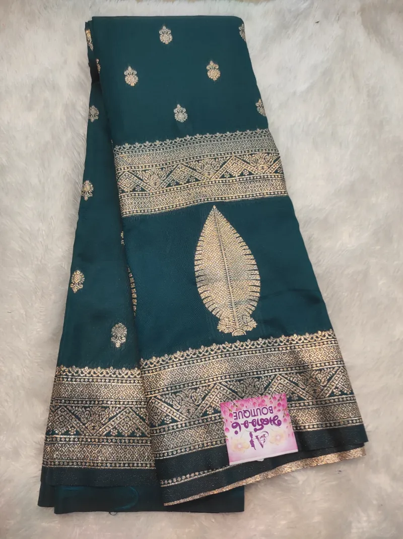 Gajji Silk Saree – Bottle Green with Silver Zari Border